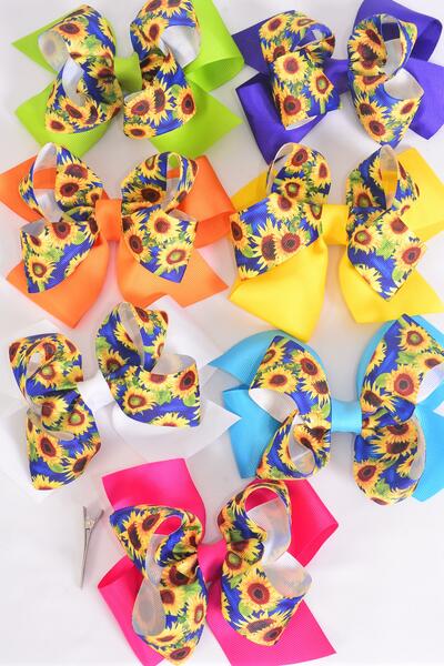 Hair Bow Jumbo Double Layered Sunflower Print Grosgrain Bow-tie Citrus / 12 pcs Bow = Dozen Alligator Clip , Size - 6" x 5" Wide , 2 White , 2 Fuchsia , 2 Purple , 2 Yellow , 2 Blue , 1 Lime , 1 Orange Color Asst , Clip Strip & UPC Code