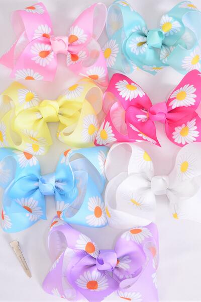 Hair Bow Jumbo Flower Daisy Pastel Grosgrain Bow-tie /  12 pcs Bow = Dozen  Alligator Clip , Size - 6" x 5" , 2 White , 2 Baby Pink , 2 Lavender , 2 Hot Pink , 2 Mint Green ,1 Blue, 1 Yellow Color Asst , Clip Strip & UPC Code