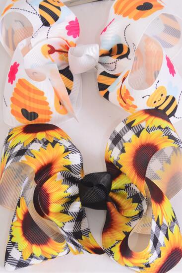 Hair Bow Jumbo Cute Honey Bee & Sunflower Mix Grosgrain Bow-tie / 12 pcs Bow = Dozen Alligator Clip , Size - 6" x 5" Wide , 6 Of each Pattern Asst , Clip Strip & UPC Code