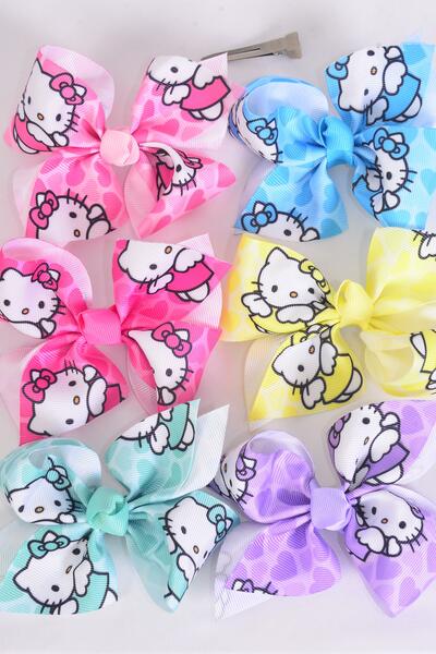 Hair Bow Large Cute Kitty Cat Grosgrain Bow-tie Pastel / 12 pcs Bow = Dozen  Alligator Clip , Size - 4" x 3" , 2 White , 2 Baby Pink , 2 Lavender , 2 Blue , 2 Yellow , 1 Hot Pink , 1 Mint Color Asst , Clip Strip & UPC Code