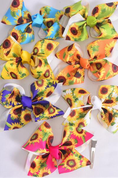 Hair Bow Large Sunflower Grosgrain Bow-tie Multi / 12 pcs Bow = Dozen Alligator Clip , Size - 4" x 3" Wide , 2 White , 2 Hot Pink , 2 Blue , 2 Purple , 2 Yellow , 1 Orange , 1 Lime Color Asst , Clip Strip & UPC Code 