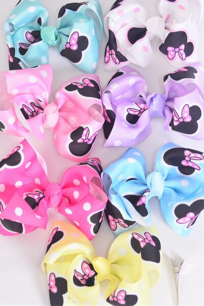 Hair Bow Large Polka dot Mouse Ear Pastel Grosgrain Bow-tie / 12 pcs Bow = Dozen Alligator Clip , Size - 4" x 3 " , 2 White , 2 Baby Pink , 2 Lavender , 2 Hot Pink , 2 Mint Green ,1 Blue, 1 Yellow Color Asst , Clip Strip & UPC Code