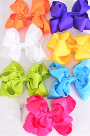 Hair Bow Jumbo Double Layered Citrus Grosgrain Bow-tie / 12 pcs Bow = Dozen  Alligator Clip , Size - 6" x 5" Wide , 2 White , 2 Fuchsia , 2 Purple , 2 Blue , 2 Yellow , 1 Orange , 1 Lime Color Mix , Clip Strip and UPC Code