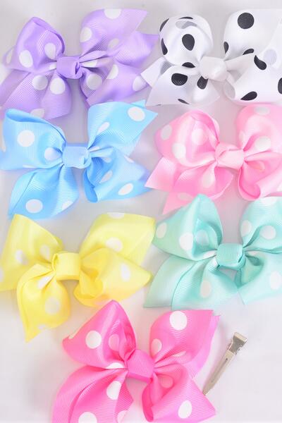 Hair Bow Large Polka- Dots Grosgrain Bow-tie Pastel / 12 pcs Bow = Dozen Alligator Clip , Size - 4" x 3", 2 White , 2 Baby Pink , 2 Lavender , 2 Blue , 2 Yellow , 1 Peach , 1 Mint Green Color Asst , Clip Strip & UPC Code