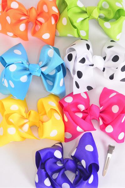 Hair Bow Large Polka- Dots Grosgrain Bow-tie Multi / 12 pcs Bow = Dozen Multi , Alligator Clip , Size - 4" x 3" , 2 White , 2 Fuchsia , 2 Purple , 2 Yellow , 2 Blue , 1 Lime , 1 Orange Color Asst , Clip strip & UPC code
