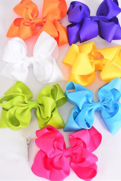 Hair Bow Jumbo Double Layered Citrus Grosgrain Bow-tie / 12 pcs Bow = Dozen  Alligator Clip , Size - 6" x 5" Wide , 2 White , 2 Fuchsia , 2 Purple , 2 Blue , 2 Yellow , 1 Orange , 1 Lime Color Mix , Clip Strip and UPC Code