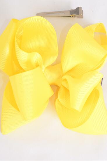 Hair Bow Jumbo Double Layered Baby Yellow Grosgrain Bow-tie / 12 pcs Bow = Dozen Baby Yellow , Alligator Clip , Size - 6" x 5" , Clip Strip and UPC Code