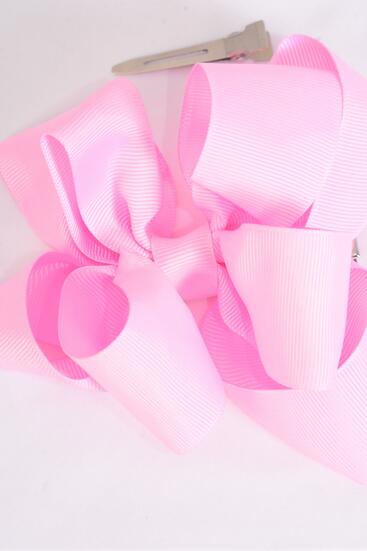 Hair Bow Jumbo Double Layered Baby Pink Grosgrain Bow-tie / 12 pcs Bow = Dozen Baby Pink , Alligator Clip , Size - 6" x 5" , Clip Strip and UPC Code