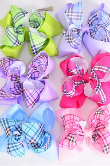 Hair Bow Jumbo Double Layered Plaid Multi / 12 pcs Bow = Dozen Alligator Clip , Size - 6" x 5" Wide , 2 Lilac , 2 Hot Pink , 2 Lime , 2 Lavender , 2 Fuchsia , 2 Sky Blue Color Asst , Clip Strip and UPC Code