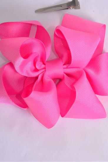Hair Bow Jumbo Double Layered Fuchsia Grosgrain Bow-tie / 12 pcs Bow = Dozen  Fuchsia , Alligator Clip , Size - 6" x 5" , Clip Strip and UPC Code