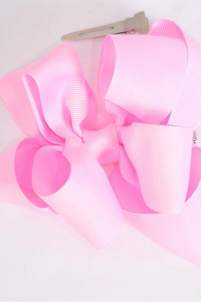 Hair Bow Jumbo Double Layered Baby Pink Grosgrain Bow-tie / 12 pcs Bow = Dozen Baby Pink , Alligator Clip , Size - 6" x 5" , Clip Strip and UPC Code