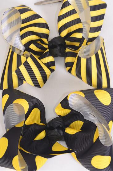 Hair Bow Jumbo Yellow Polka Dot Stripe Pattern Mix Grosgrain Bow-tie / 12 pcs Bow = Dozen Alligator Clip , Size - 6" x 5" Wide , 6 Of each Pattern Asst , Clip Strip & UPC Code
