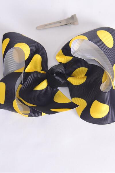 Hair Bow Jumbo Yellow Polka Dot Grosgrain Bow-tie / 12 pcs Bow = Dozen Alligator Clip , Size - 6" x 5" Wide , Clip Strip & UPC Code
