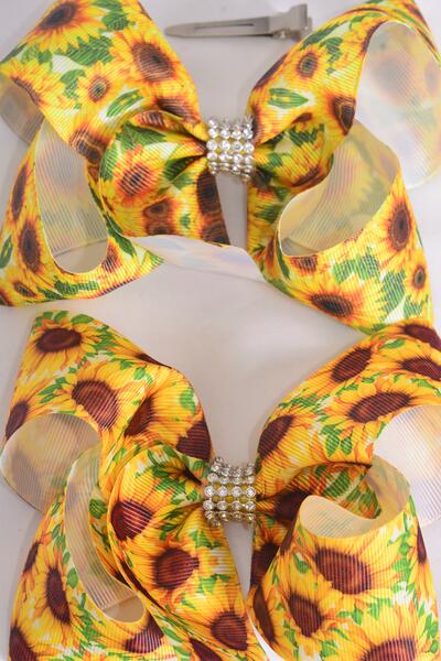 Hair Bow Jumbo Happy Sunflowers Grosgrain Bow-tie / 12 pcs Bow = Dozen  Sunflower , Alligator Clip , Size - 6" x 5" Wide , 6 Of Each Pattern Asst , Clip Strip and UPC Code