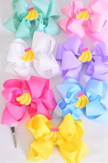 Hair Bow Jumbo Double Layered Banana Charm Pastel Grosgrain Bow-tie / 12 pcs Bow = Dozen  Alligator Clip , Size - 6" x 5" , 2 White , 2 Pink , 2 Lavender , 2 Blue , 2 Yellow , 1 Hot Pink , 1 Mint Color Asst , Clip Strip and UPC Code