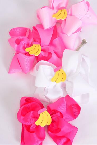 Hair Bow Jumbo Double Layered Banana Charm Pink Mix Grosgrain Bow-tie / 12 pcs Bow = Dozen Alligator Clip , Size - 6" x 5" , 2 White , 3 White , 3 Baby Pink , 3 Hot Pink , 3 Fuchsia Color Asst , Clip Strip and UPC Code
