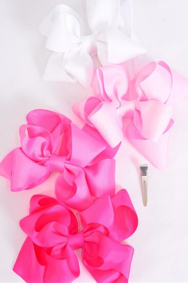 Hair Bow Jumbo Double Layered Pink Mix Grosgrain Bow-tie / 12 pcs Bow = Dozen  Pink Mix , Alligator Clip , Size - 6" x 5" Wide , 3 White , 3 Baby Pink , 3 Hot Pink , 3 Fuchsia Color Asst , Clip Strip and UPC Code