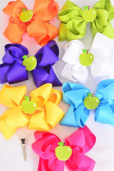 Hair Bow Jumbo Double Layered Apple Charm Citrus Grosgrain Bow-tie / 12 pcs Bow = Dozen  Alligator Clip , Size - 6" x 5" Wide , 2 White , 2 Fuchsia , 2 Purple , 2 Blue , 2 Yellow , 1 Orange , 1 Lime Color Mix , Clip Strip and UPC Code