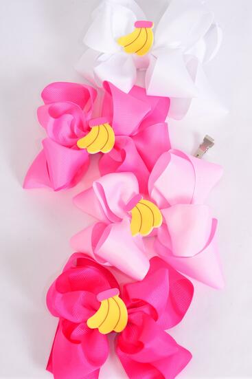 Hair Bow Jumbo Double Layered Banana Charm Pink Mix Grosgrain Bow-tie / 12 pcs Bow = Dozen Alligator Clip , Size - 6" x 5" , 2 White , 3 White , 3 Baby Pink , 3 Hot Pink , 3 Fuchsia Color Asst , Clip Strip and UPC Code