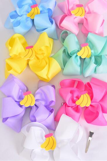 Hair Bow Jumbo Double Layered Banana Charm Pastel Grosgrain Bow-tie / 12 pcs Bow = Dozen  Alligator Clip , Size - 6" x 5" , 2 White , 2 Pink , 2 Lavender , 2 Blue , 2 Yellow , 1 Hot Pink , 1 Mint Color Asst , Clip Strip and UPC Code