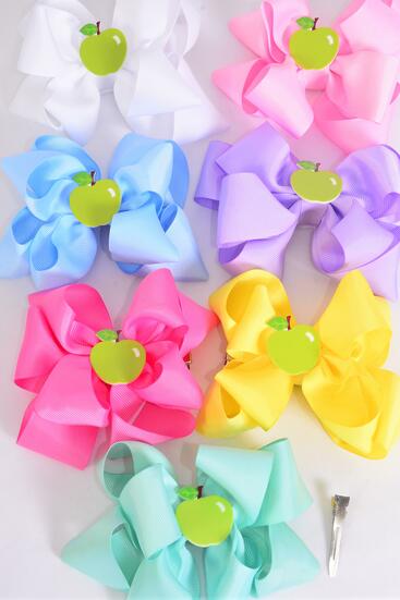 Hair Bow Jumbo Double Layered Apple Charm Pastel Grosgrain Bow-tie / 12 pcs Bow = Dozen  Alligator Clip , Size - 6" x 5" Wide , 2 White , 2 Pink , 2 Yellow , 2 Lavender , 2 Blue , 1 Hot Pink , 1 Mint Mix , Clip Strip and UPC Code