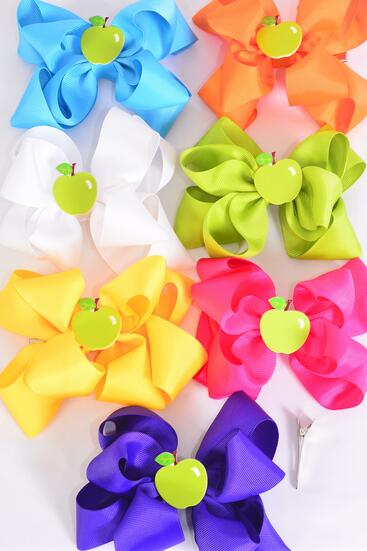 Hair Bow Jumbo Double Layered Apple Charm Citrus Grosgrain Bow-tie / 12 pcs Bow = Dozen  Alligator Clip , Size - 6" x 5" Wide , 2 White , 2 Fuchsia , 2 Purple , 2 Blue , 2 Yellow , 1 Orange , 1 Lime Color Mix , Clip Strip and UPC Code