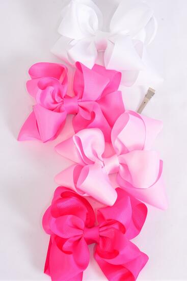 Hair Bow Jumbo Double Layered Pink Mix Grosgrain Bow-tie / 12 pcs Bow = Dozen  Pink Mix , Alligator Clip , Size - 6" x 5" Wide , 3 White , 3 Baby Pink , 3 Hot Pink , 3 Fuchsia Color Asst , Clip Strip and UPC Code