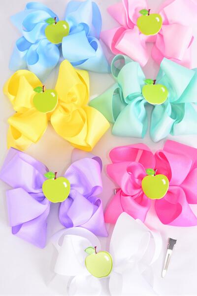 Hair Bow Jumbo Double Layered Apple Charm Pastel Grosgrain Bow-tie / 12 pcs Bow = Dozen  Alligator Clip , Size - 6" x 5" Wide , 2 White , 2 Pink , 2 Yellow , 2 Lavender , 2 Blue , 1 Hot Pink , 1 Mint Mix , Clip Strip and UPC Code