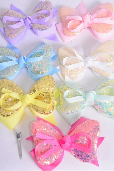 Hair Bow Jumbo Double Layered Flip Sequin Pastel Grosgrain Bow-tie / 12 pcs Bow = Dozen Alligator Clip , Size - 6" x 5" Wide , 2 White , 2 Pink , 2 Lavender , 2 Hot Pink , 2 Mint , 1 Blue , 1 Yellow Color Asst , Clip Strip and UPC Code