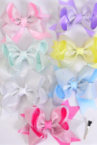 Hair Bow Jumbo Metallic Double Layered Grosgrain Bow-tie Pastel / 12 pcs Bow = Dozen Alligator Clip , Size - 6" x 5" , 2 White , 2 Pink , 1 Blue , 1 Yellow , 2 Lavender , 2 Hot Pink , 2 Mint Color Asst , Clip Strip & UPC Code