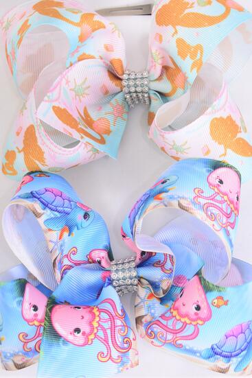 Hair Bow Jumbo Happy Turtle Octopus Mermaid Mix Grosgrain Bow-tie / 12 pcs Bow = Dozen Alligator Clip , Size - 6" x 5" Wide , 6 Of Each Pattern Asst , Clip Strip and UPC Code