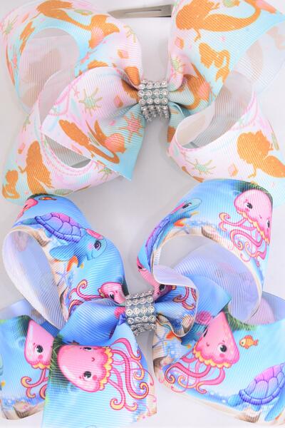 Hair Bow Jumbo Happy Turtle Octopus Mermaid Mix Grosgrain Bow-tie / 12 pcs Bow = Dozen Alligator Clip , Size - 6" x 5" Wide , 6 Of Each Pattern Asst , Clip Strip and UPC Code