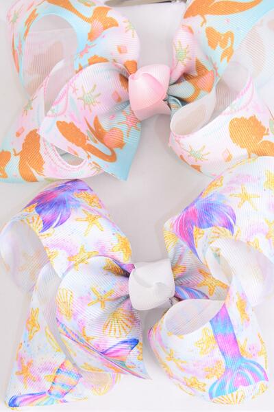 Hair Bow Jumbo Mermaid Tail Under The Sea Grosgrain Bow-tie / 12 pcs Bow = Dozen Alligator Clip , Size - 6 " x 5" Wide , 6 Of Each Pattern Asst , Clip Strip & UPC Code