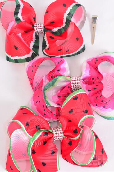 Hair Bow Jumbo Watermelon Grosgrain Bow-tie / 12 pcs Bow = Dozen  Alligator Clip , Size - 6" x 5" Wide , 4 Of Each Pattern Asst , Clip Strip & UPC Code