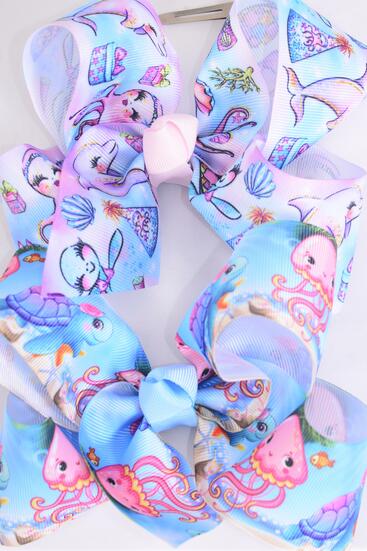 Hair Bow Jumbo Happy Dolphin Turtle Octopus Mix Grosgrain Bow-tie / 12 pcs Bow = Dozen Alligator Clip , Size - 6" x 5" Wide , 6 Of Each Pattern Asst , Clip Strip and UPC Code