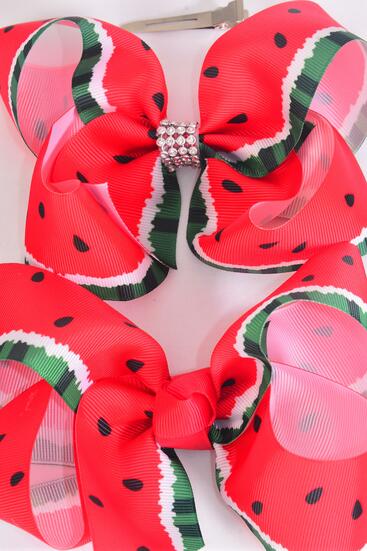 Hair Bow Jumbo Watermelon Grosgrain Bow-tie / 12 pcs Bow = Dozen Alligator Clip , Size - 6" x 5" Wide , 6 of each Pattern Asst , Clip Strip & UPC Code