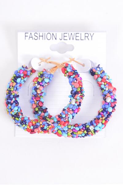 Earrings Hoop Multi Stone / 12 pair = Dozen  Post , Size - 1.75" Wide , Earring Card & OPP Bag & UPC Code
