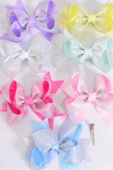 Hair Bow Jumbo Metallic Double Layered Grosgrain Bow-tie Pastel / 12 pcs Bow = Dozen Alligator Clip , Size - 6" x 5" , 2 White , 2 Pink , 1 Blue , 1 Yellow , 2 Lavender , 2 Hot Pink , 2 Mint Color Asst , Clip Strip & UPC Code