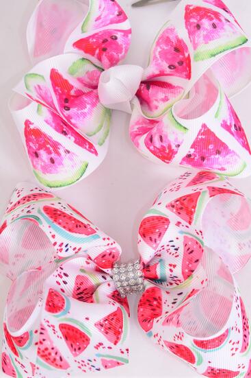 Hair Bow Jumbo Watermelon Grosgrain Bow-tie / 12 pcs Bow = Dozen Alligator Clip , Size - 6" x 5" Wide , 6 of each Pattern , Clip Strip & UPC Code