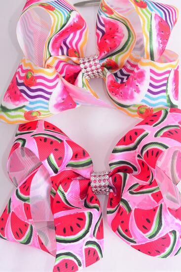 Hair Bow Jumbo Watermelon Grosgrain Bow-tie / 12 pcs Bow = Dozen Alligator Clip , Size - 6" x 5" Wide , 6 of each Pattern , Clip Strip & UPC Code