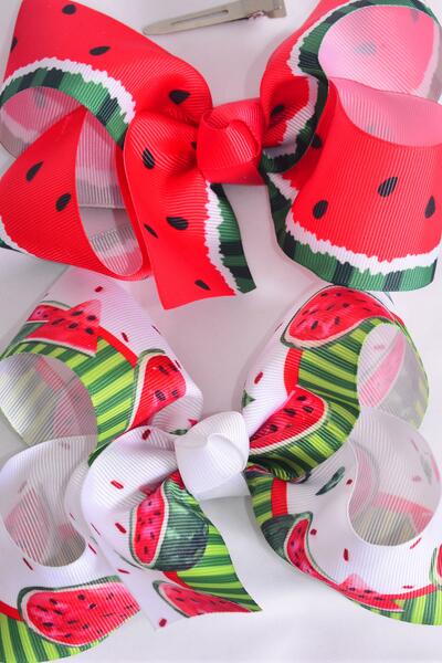 Hair Bow Jumbo Watermelon Grosgrain Bow-tie / 12 pcs Bow = Dozen Alligator Clip , Size - 6" x 5" Wide , 6 of each Pattern Asst , Clip Strip and UPC Code