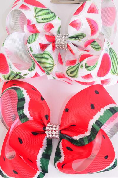 Hair Bow Jumbo Watermelon Grosgrain Bow-tie /  12 pcs Bow = Dozen Alligator Clip , Size - 6" x 5" Wide , 6 of each Pattern Asst , Clip Strip & UPC Code