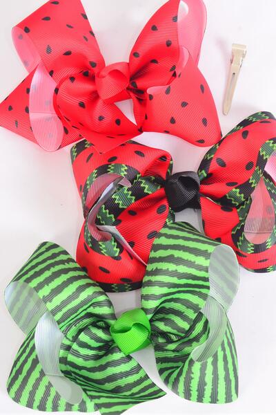 Hair Bow Jumbo Watermelon Grosgrain Bow-tie / 12 pcs Bow = Dozen Alligator Clip , Size - 6" x 5" Wide , 4 Of Each Pattern Asst , Clip Strip & UPC Code