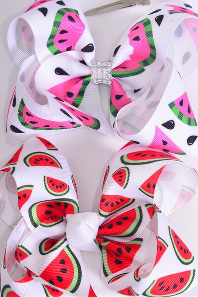 Hair Bow Jumbo Watermelon Grosgrain Bow-tie / 12 pcs Bow = Dozen Alligator Clip , Size - 6" x 5" Wide , 6 Of Each Pattern Asst , Clip Strip & UPC Code