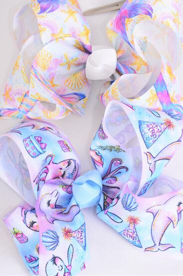 Hair Bow Jumbo Happy Dolphin Turtle Octopus Mermaid Tail Mix Grosgrain Bow-tie / 12 pcs Bow = Dozen Alligator Clip , Size - 6" x 5" Wide , 6 Of Each Pattern Asst , Clip Strip and UPC Code