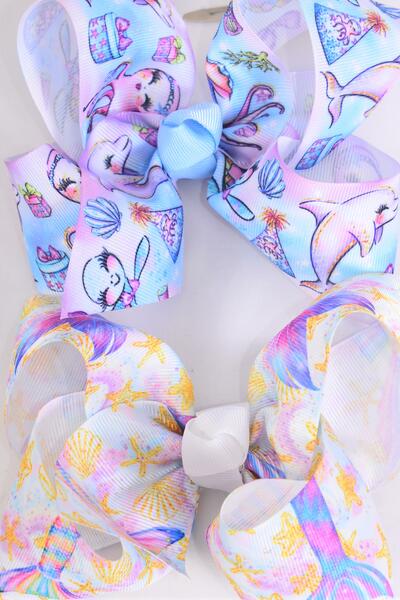 Hair Bow Jumbo Happy Dolphin Turtle Octopus Mermaid Tail Mix Grosgrain Bow-tie / 12 pcs Bow = Dozen Alligator Clip , Size - 6" x 5" Wide , 6 Of Each Pattern Asst , Clip Strip and UPC Code