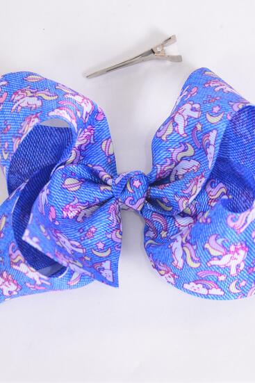 Hair Bow Jumbo Denim Print Unicorn Grosgrain Bow-tie / 12 pcs Bow = Dozen Alligator Clip , Size - 6" x 5" Wide , Clip Strip & UPC Code