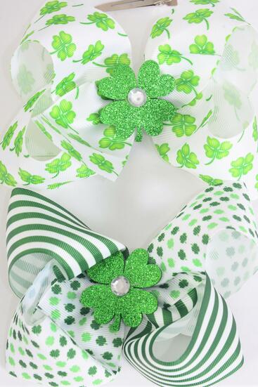 Hair Bow Jumbo Clover St Patrick Grosgrain Bow-tie / 12 pcs Bow = Dozen Alligator Clip , Size - 6" x 5" Wide , 6 of each Pattern Asst , Clip Strip and UPC Code