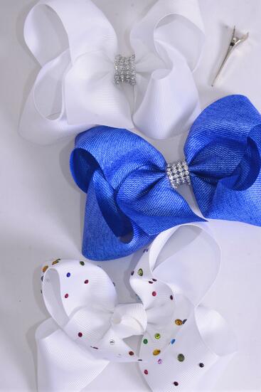 Hair Bow Jumbo White Bow Studded Multi Color Stones Denim Asst Grosgrain Bow-tie/ 12 pcs Bow = Dozen Alligator Clip , Size - 6" x 5" Wide , 4 Of Each Pattern Asst , Hang Tag & UPC Code