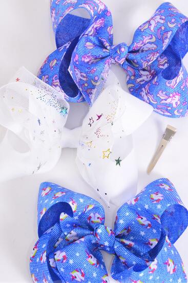 Hair Bow Jumbo White Bow Denim Unicorn Pattern Asst Grosgrain Bow-tie/ 12 pcs Bow = Dozen Alligator Clip , Size - 6" x 5" Wide , 4 of each Pattern Asst , Clip Strip & UPC Code